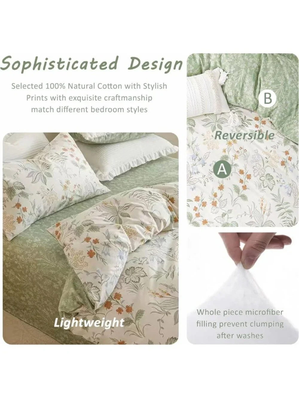 Ivory & Sage Green Floral Cotton Comforter Set - Twin Size, Cozy Bedding